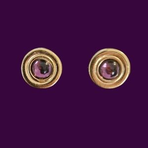 Gold-Tone Buttin Earrings with Purple Center Cabochons / Gemstones.